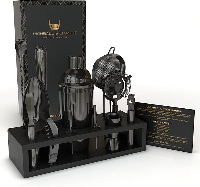 Highball & Chaser 13-Piece Cobbler Cocktail Shaker Set: Black Polished Stainless Steel Bartender Kit for Home Bar Set | La...