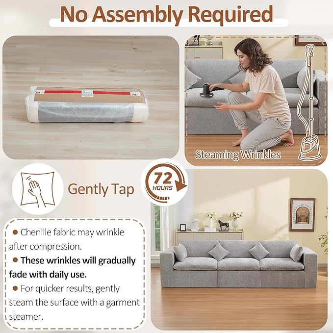 115''Cloud Boneless Sectional Couch, Modular Sectional Sofa Deep Seat, Oversized Upholstered Convertible Comfy 3 Seater Chenille Memory Foam Sofa Couches for Living Room, Light Grey