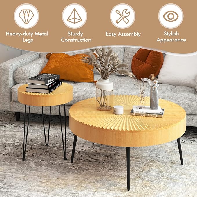 Giantex Boho Round Coffee Table Set of 2, Sofa Side Nesting Table with Solid Pine Wood Top, Metal Legs & Adjustable Foot Pads, 31.5" D Large Table Set for Living Room (Radial Pattern, Natural)