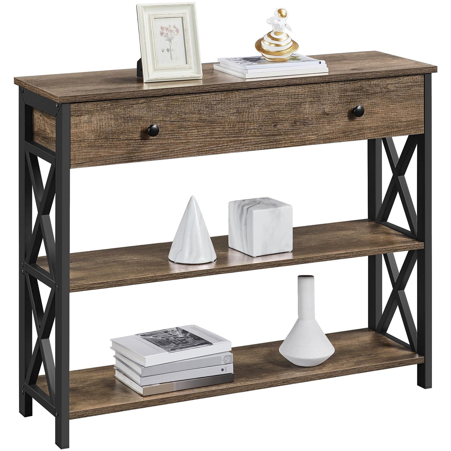 Yaheetech Console Table with Drawer and 2 Open Storage Shelves, Sofa Table for Living Room, 3-Tier Narrow Entryway Table, X-Shaped Design, Taupe Wood