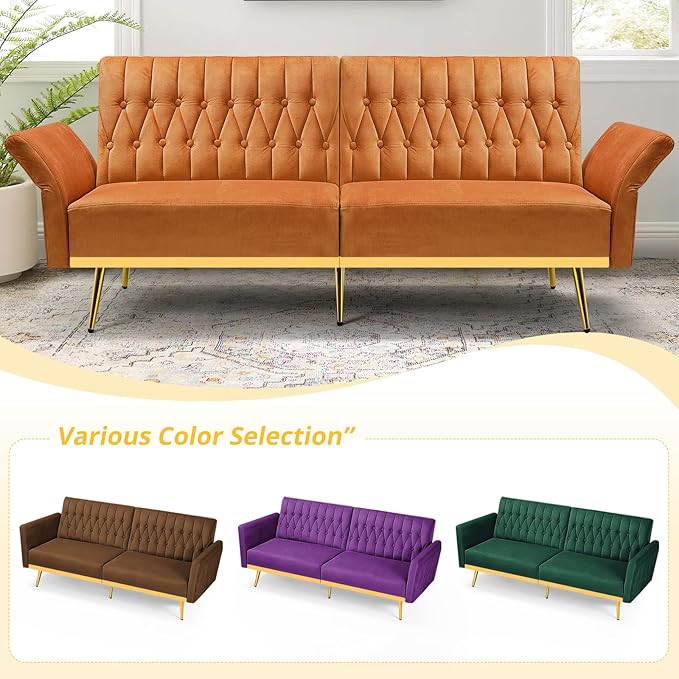 ACMEASE 70” Velvet Futon Sofa Bed w/Adjustable Armrests & 2 Pillows, Convertible Futon Couch w/Adjustable Backrests, Modern Sleeper Bed for Living Room, Bedroom, Orange