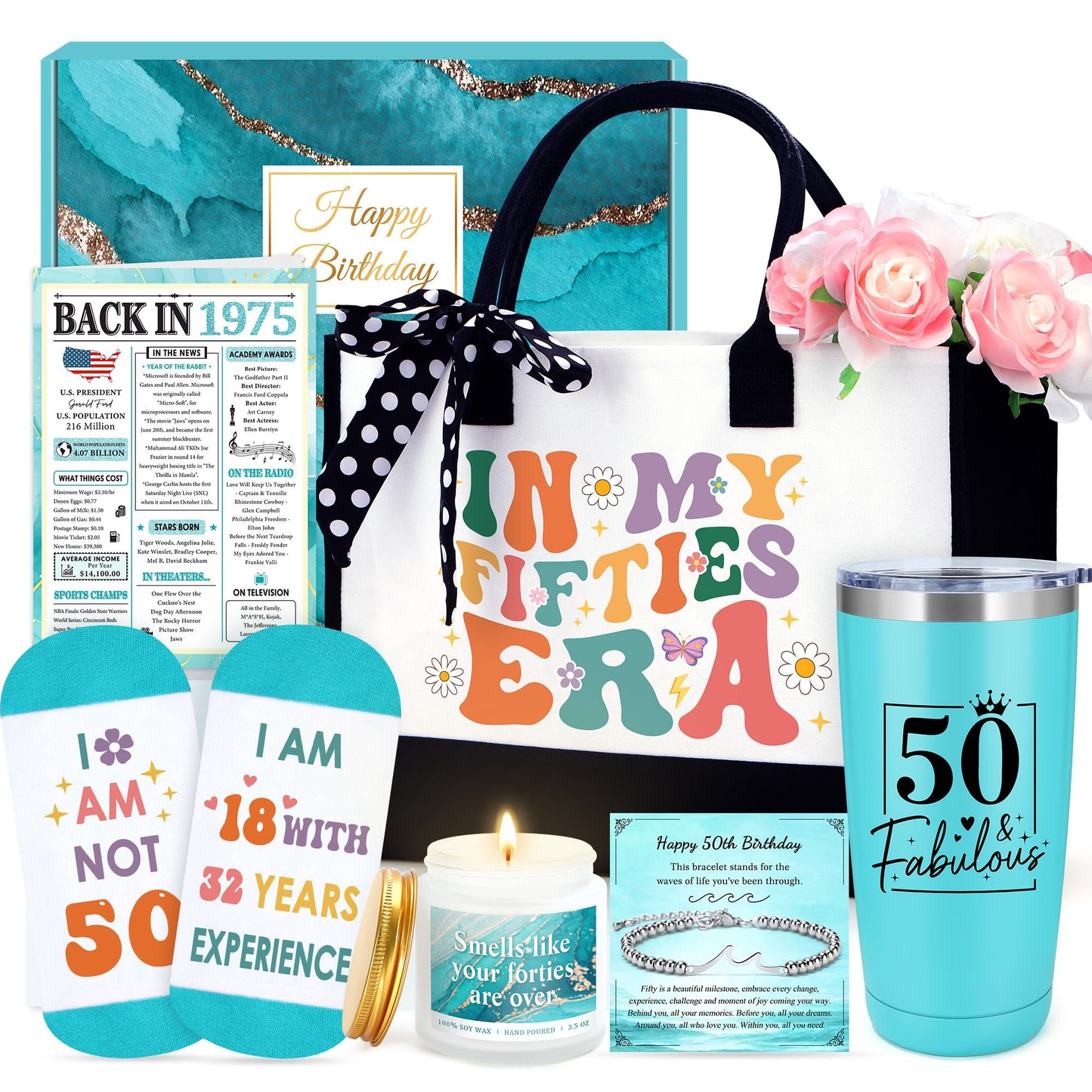 50th Birthday Gifts for Her 50 Year Old Gifts for Women 1975 Birthday Gift for Woman Turning 50 and Fabulous Gift for Woman Mom Daughter Happy 50th Bday Decorations Basket with Tumbler Tote Bag Socks
