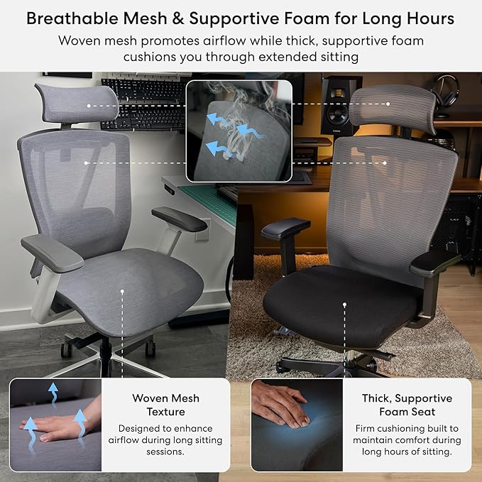 Autonomous ErgoChair Pro Ergonomic Office Chair Foam Black & White Adjustable Lumbar Support, Rolling Swivel - Home Office Desk Chairs with Wheels and Arms - Ergonomic Desk Chair Comfy for Gaming