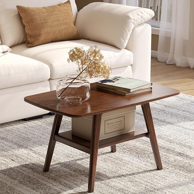 Wayshome 100% Solid Oak Wood Coffee Table for Living Room, 2-Tier Small Table with Storage Shelf, Mid Century Modern Coffee Tables (Walnut, 31.49" x 19.68" x 17.32")