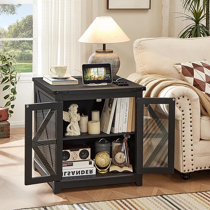 Joaxswe Farmhouse End Table with Charging Station Set 2, 24" Large Sofa Side Table with Glass Barn Door, Nightstand with Adjustable Storage Shelf,Wood Square Bedside Table for Living Room,Bedroom