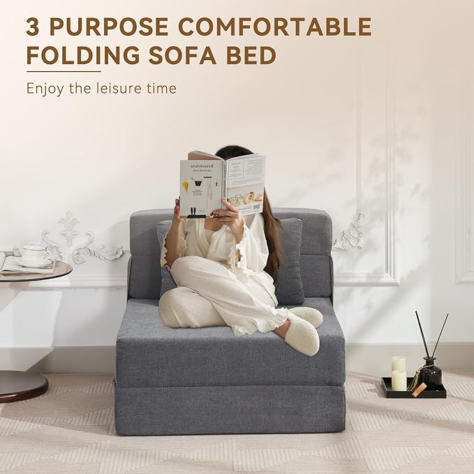 WUTUTUEE Folding Sofa Bed Convertible Floor Couch Foldable Chair Bed with Pillow，Linen Sleeper Chair Futon,Foldable Memory Foam Mattress for Bedroom/Living Room/Dorm/Office (Dark Grey, Single)