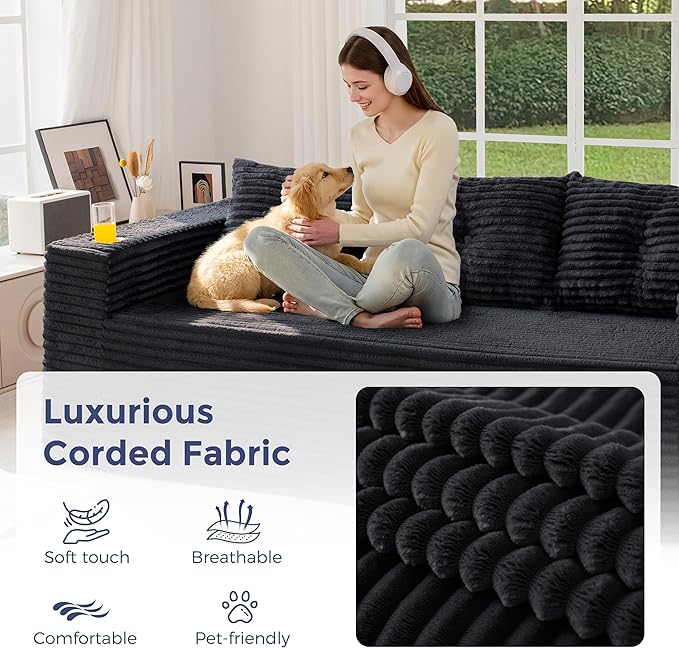 MAXYOYO 79" Oversized Boneless Loveseat Sofa Couch for Small Spaces, Mini Love Seat Floor Couch with Cup Holders and Pillows, 3-Seater Upholstered Cloud Couch for Bedroom, No Assembly Required