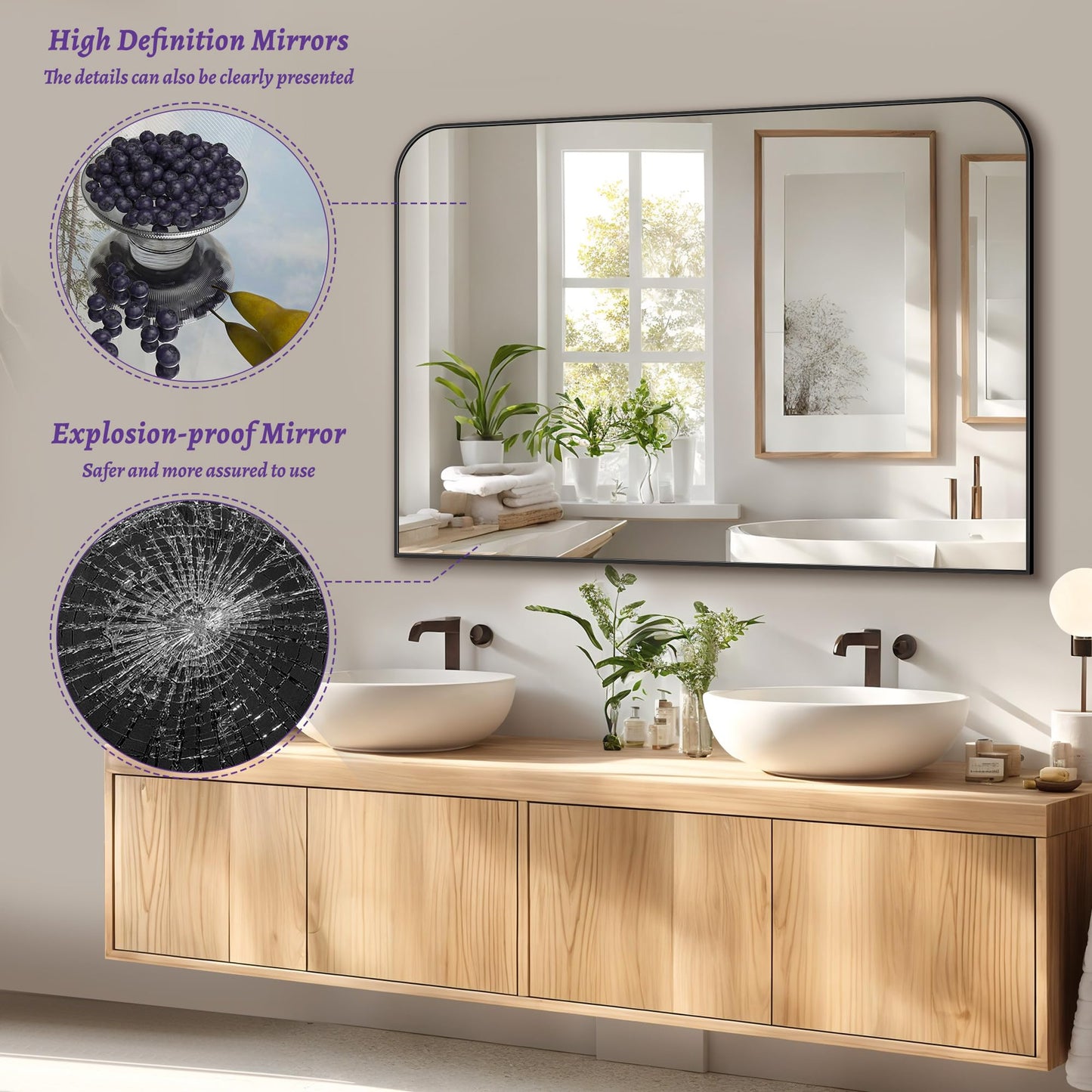 LadyNow Bathroom Mirror, 48x32 Inch Wall Mirror, Black Metal Framed Wall-Mounted Mirrors, Bathroom Vanity Mirror, Mirrors for Over Sink, Bathroom, Living Room, Bedroom, Entryway