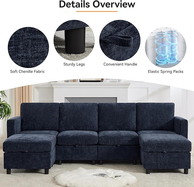 WUTUTUEE 83'' Modular Sectional Sofa Convertible L Shaped Couch Set for Living Room, 4 Seat Storage Modular Sofa with Movable Ottoman, Chenille Navy