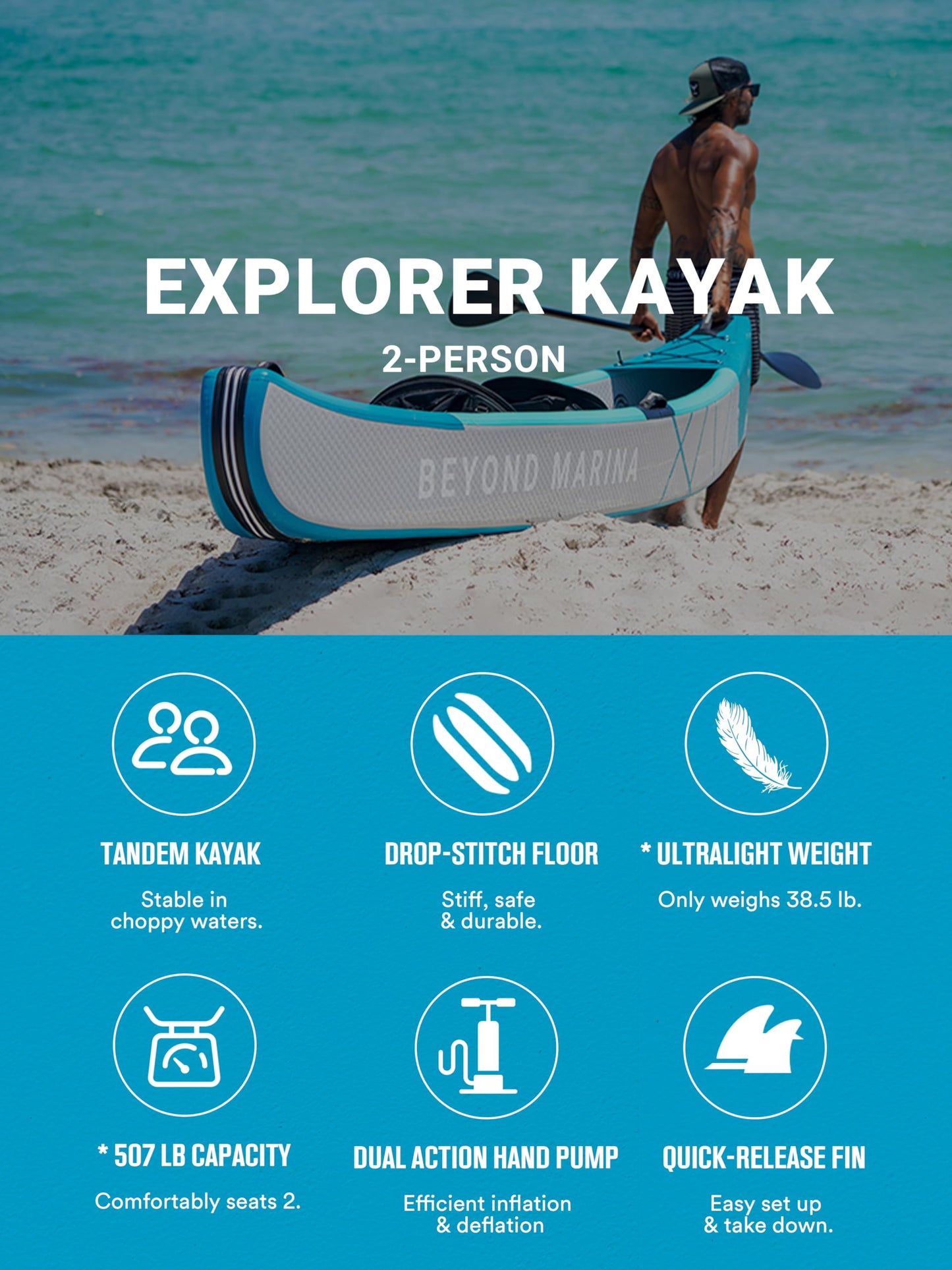 BEYOND MARINA Inflatable Kayak 2 Person Adult- Drop Stitch Tandem Kayak | with Aluminum Paddles, Seats, Footrests, Pump, Fins, Explorer 13.77ft