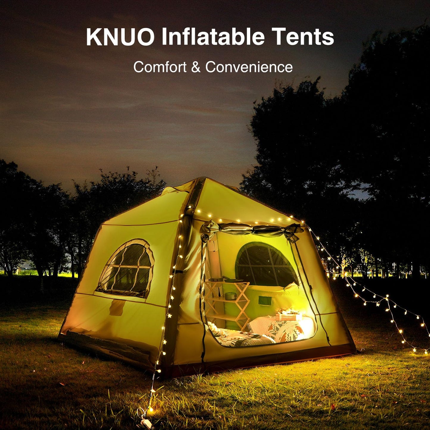 KNUO Inflatable Tent for Winter Camping 7.8x7.8ft Blow Up Air Tents, No Assembly Needed Luxury Glamping Tent for 1/2/3 People, Waterproof Oxford, Field Green