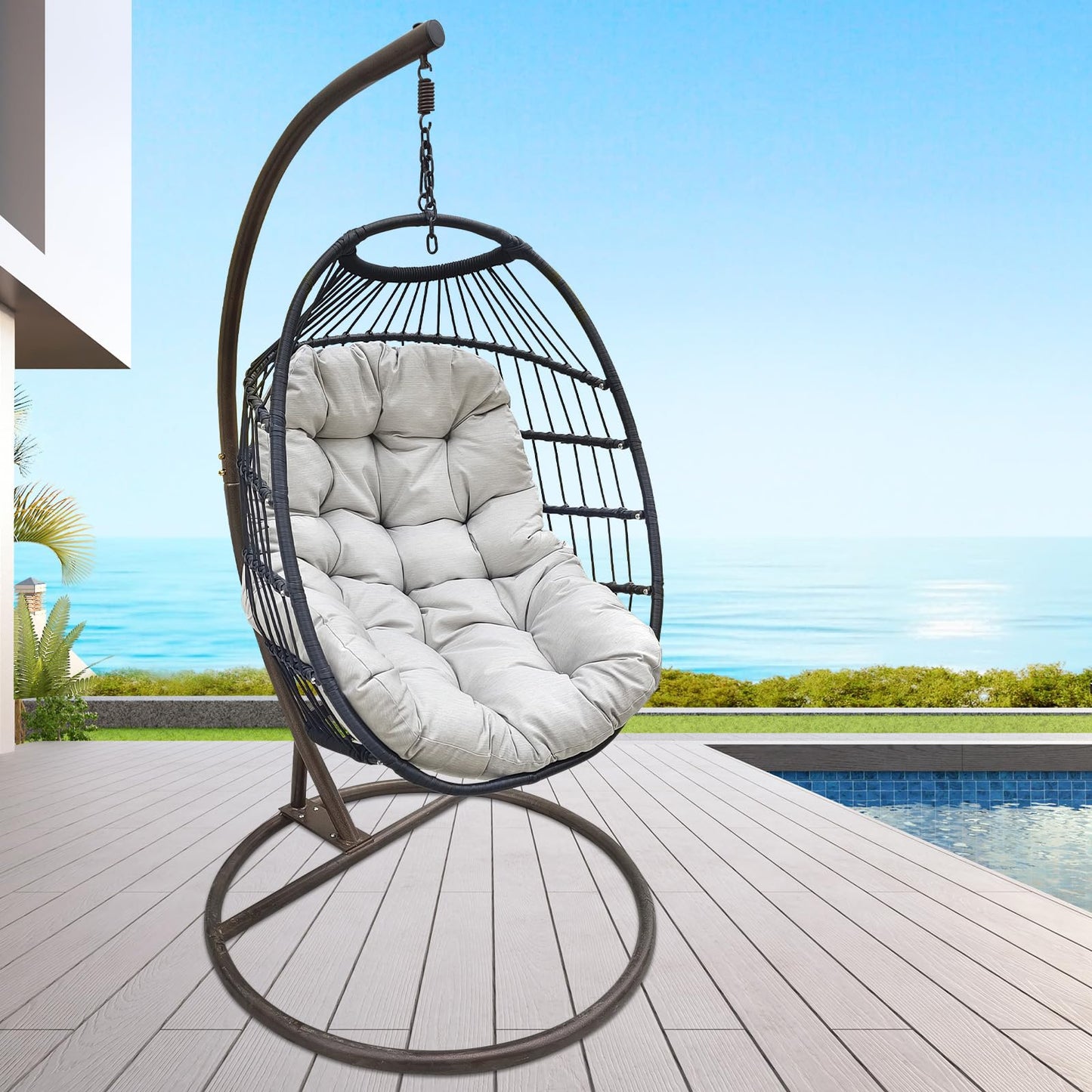 Hanging Egg Chair with Stand, Wicker Hammock Chair, Patio Swing, Foldable Basket, 350lbs Capacity for Indoor/Outdoor, Patio, Deck, Garden, Porch, Terrace