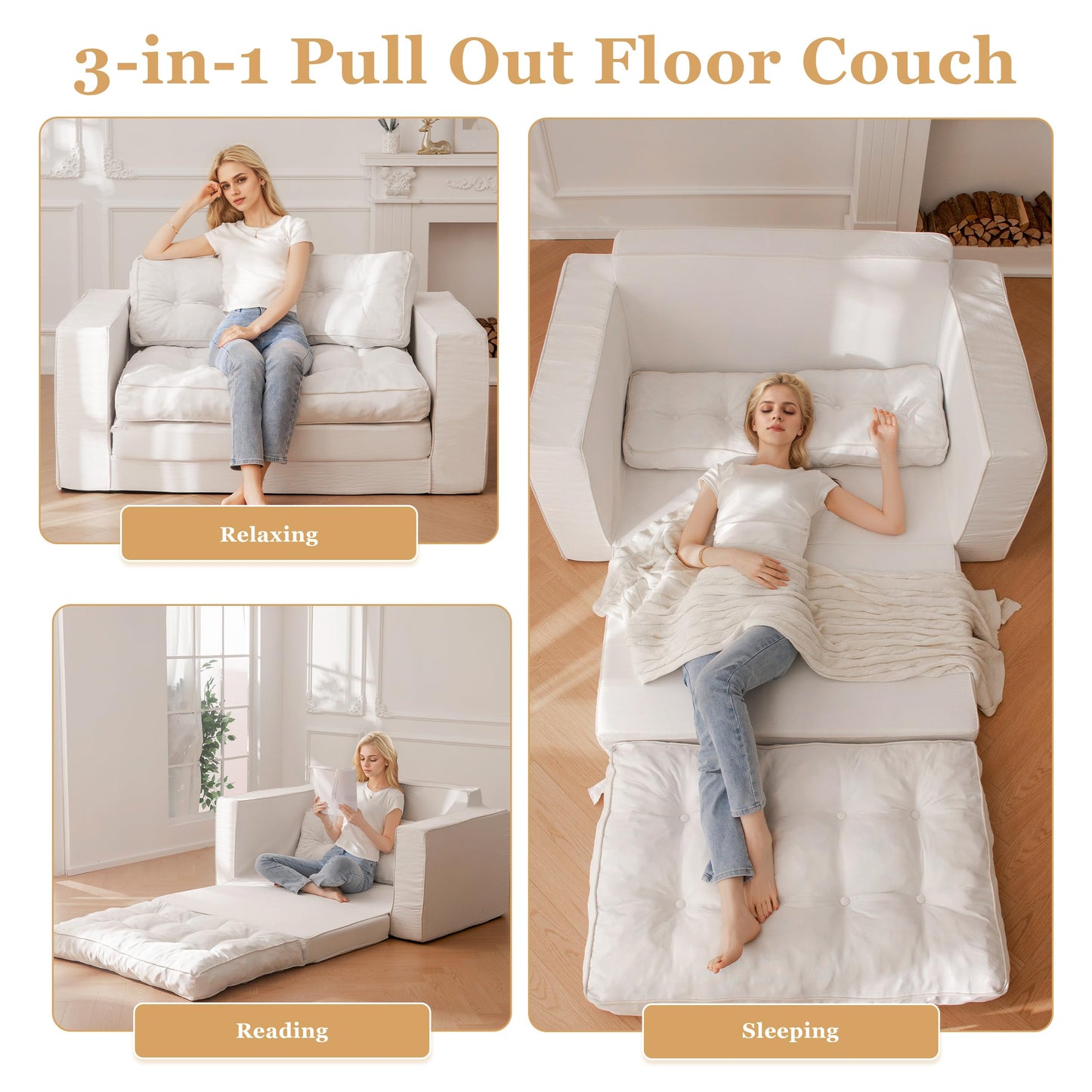 YOSHOOT Loveseat Sleeper Sofa,55" Convertible Sofa Bed Couch Futon Couches for Living Room,3-in-1 Pull Out Floor Couch with Reclining Backrest and Pillows