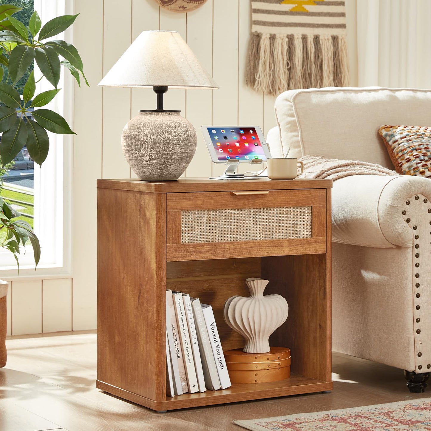 LEYAOYAO Rattan Dresser and Nightstand Set of 2, Boho Wood Dresser for Bedroom with 6 Drawers and Night Stand with Charging Station, Bedroom Furniture, Dressers & Chests of Drawers,Living Room,Hallway