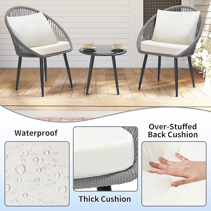wildformers 3 Pieces Bistro Set, Woven Rope Chair with Cushions, All Weather Patio Conversation Set and Side Table, Ideal for Deck, Balcony, Poolside, Grey