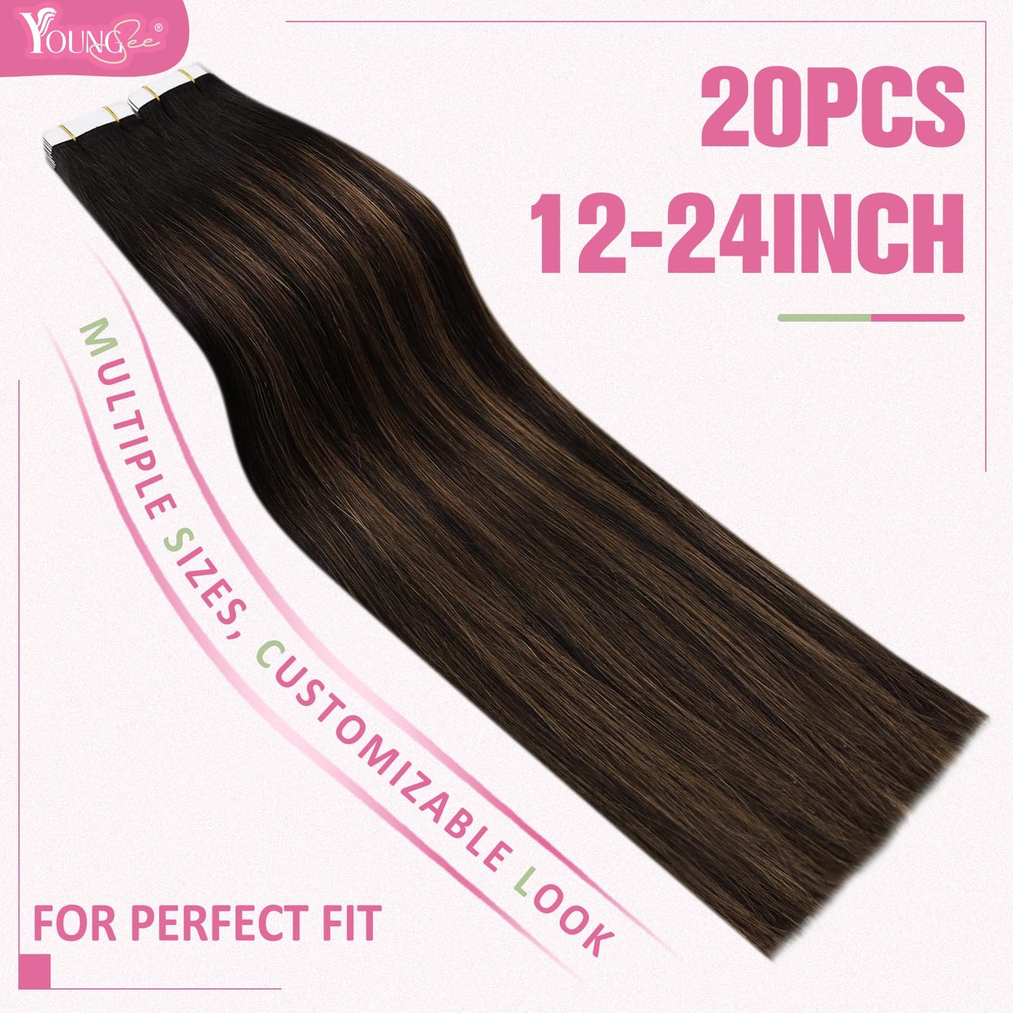 YoungSee Tape in Hair Extensions Real Human Hair Brown Tape Hair Extensions Balayage Dark Brown with Medium Brown Tapein Hair Ex
