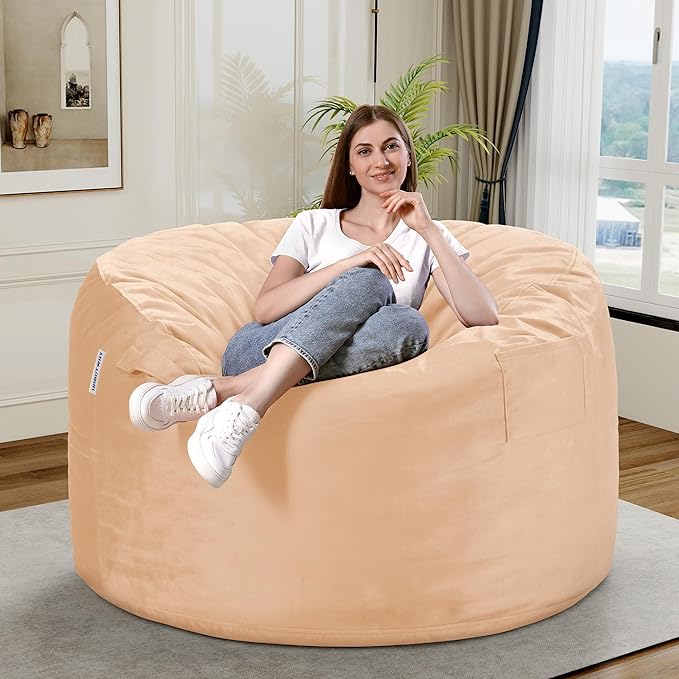 HABUTWAY Bean Bag Chair 3Ft Luxurious Velvet Ultra Soft Fur with High Rebound Memory Foam Bean Bag Chairs for Adults Plush Lazy Sofa with Fluffy Sponge 3' (Khaki)