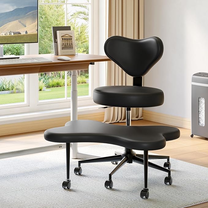 Nost & Host Cross Legged Office Chair with Wheels, 4INCH ADHD Chair for Adults, Meditation Chair, Height Adjustable Seat, Yoga Chair, PU Leather, Black