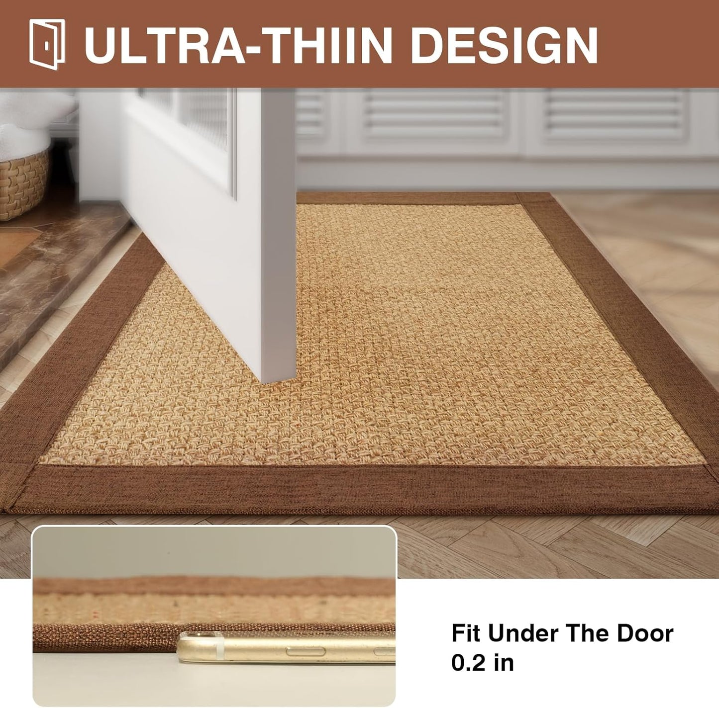 Ultra Thin Quick Dry Bathroom Rugs Mat 24x35, Non Slip Bath Mat for Bathroom Absorbent Mat Floor Rubber Backed Fit Under Door, Woven Washable Bath Rugs, Brown
