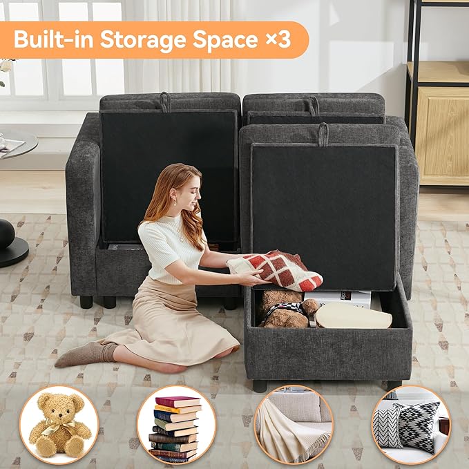 WUTUTUEE 58”Modular Sectional Loveseat Sofa with Storage, Comfy Office L Shaped Sofa Couch, Chenille Love Seat Modular Sectional Couch with Movable Ottoman for Living Room, Bedroom, Dark Grey