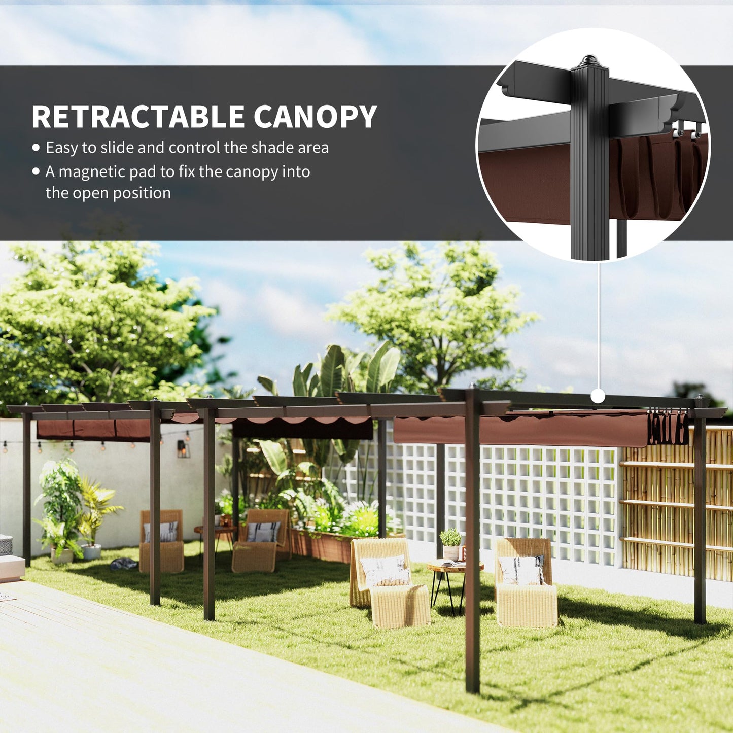 Outsunny 13' x 13' Retractable Pergola Canopy with Stronger Aluminum Frame, Outdoor Pergola Sun Shade Shelter for Garden, Patio, Backyard, Deck, Brown