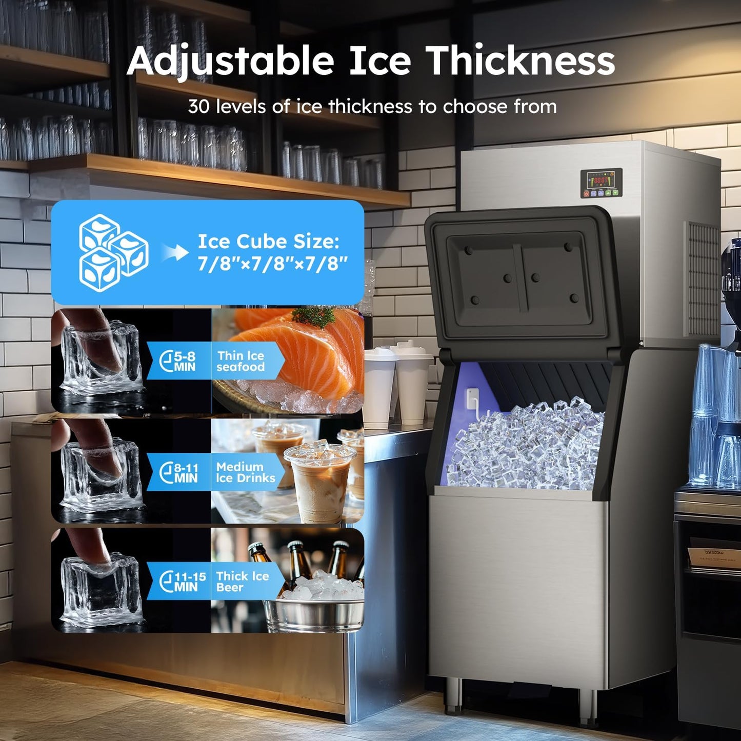 Commercial Ice Machine 760LBS/24H,Storage 650LBS,Large Industrial Ice Maker,Ice Ready in 5-15min,with Self-Cleaning Mode,with Timing Function,30 Levels of Ice Thickness Adjustment,Stainless Steel