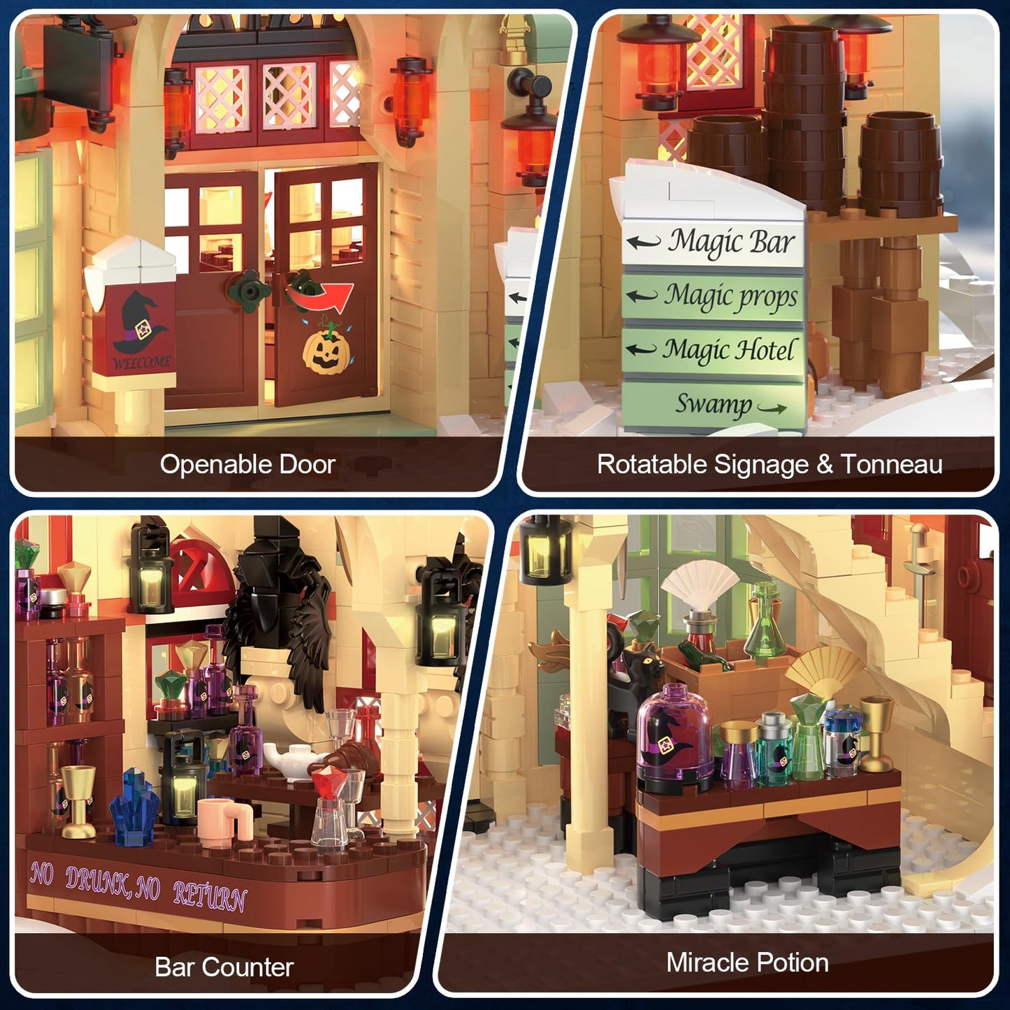 HOGOKIDS Magic Bar House Building Set with LED Light - Halloween House Architecture 3.6mm Mini Building Block Home Office Decor, Magical Birthday Gift for Adults Kids Age 10+ Boy & Girl (2479 PCS)