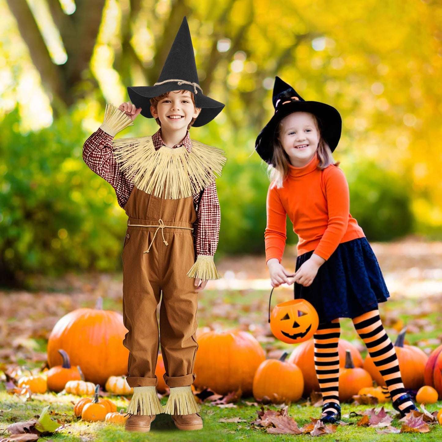 quescu 7pcs Scarecrow Costume Set For Adults,Kis,Scarecrow Hat And Straw Kit for Halloween Dress Up Costume Accessories