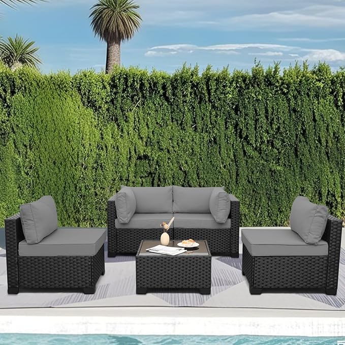 WAROOM Outdoor Patio PE Wicker 5 Piece Furniture Set, Black Rattan Sectional Conversation Sofa Chair with Coffee Table, Grey Cushion