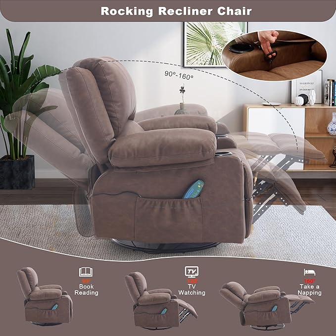 Comermax Massage Swivel Recliner with Heat, PU Leather Rocking Recliners Chair for Living Room, Modern Manual Recliner with Cup Holders, Overstuffed Single Sofa Chairs for Bedroom, Brown