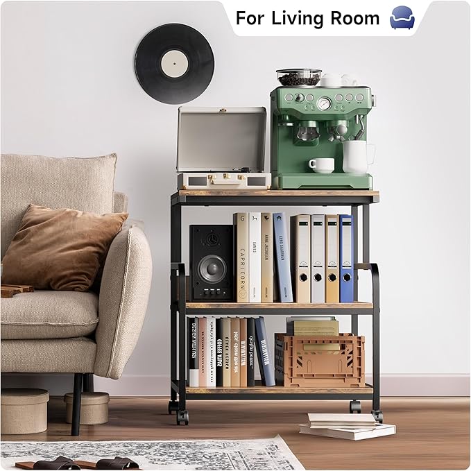 Warmiehomy 23.6x23.6 inches Printer Stand with Adjustable Storage Shelf - Large Printer Table with Wheels - 3 Tier Rolling Cart - Use for 3D Laser Printer Mini Fridge Home Office (Brown)