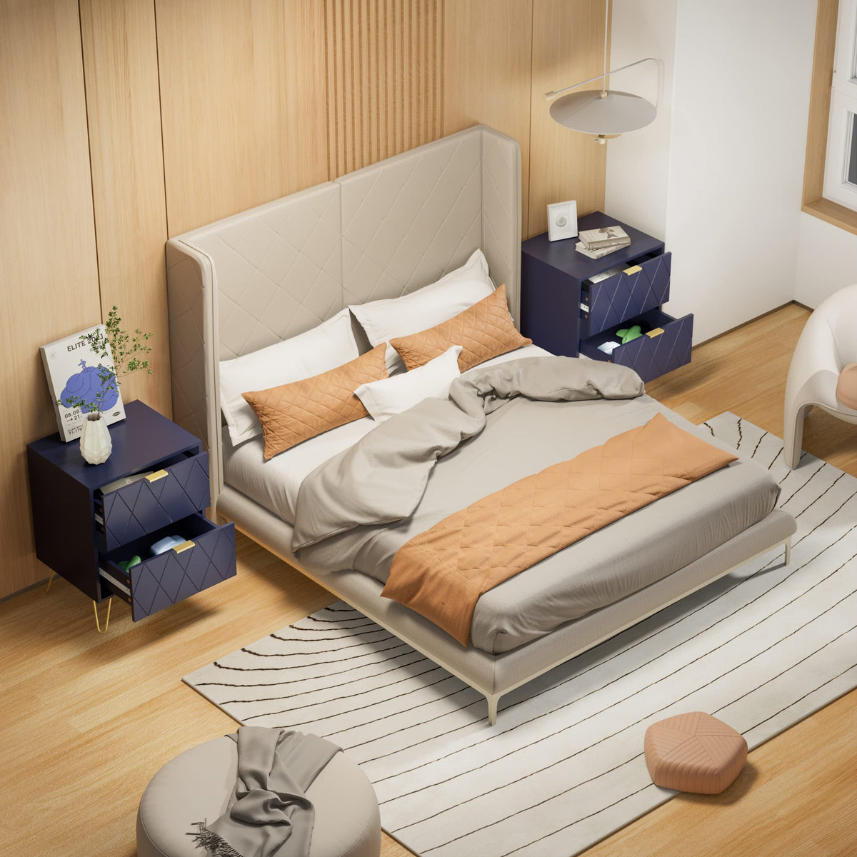 Anbuy Bedroom Sets 3Pcs Navy Blue Modern Nightstand Sets and 9 Drawer Dresser for Bedroom, Two Drawers Nightstand Set of 2 & 9 Drawer Dresser Combo 3 Pieces (Navy Blue)
