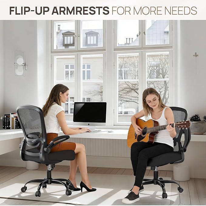 Mimoglad Ergonomic Office Chair - BIFMA Certified, Flip-up Armrests & 135° Recline, Adjustable Lumbar Support - Space-Saving Task Chair for Business/Team Office & Home (Black, 350lbs)