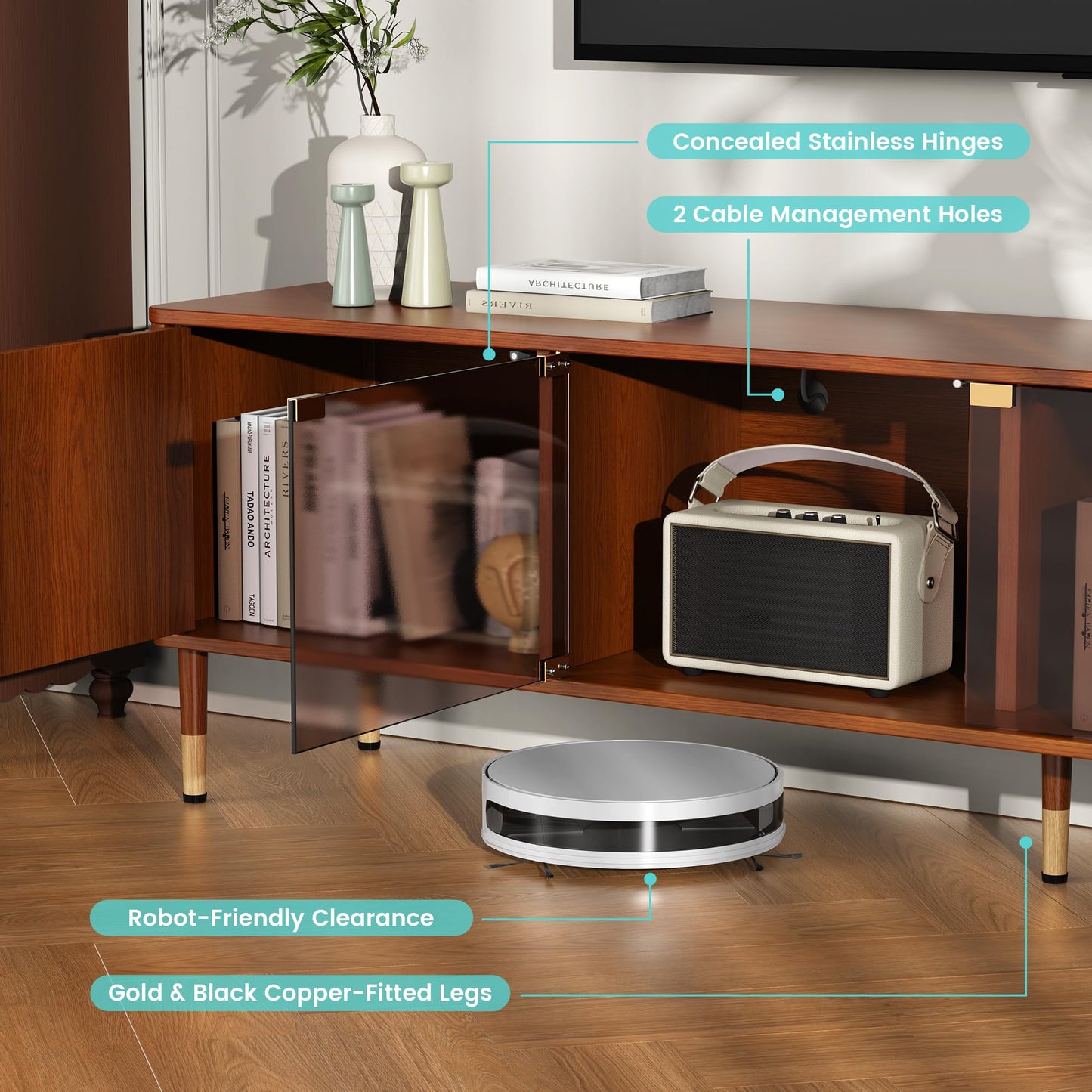 PatioPerk TV Stand for 55 65 Inch TV – Modern Entertainment Center with 4 Storage Cabinets for Living Room, 70 Inch TV Console with LED Lights and Glass Doors, Walnut Brown