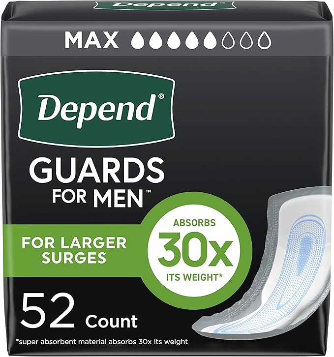 Depend Guards Incontinence Pads for Men, Maximum Absorbency, 52 Count, Packaging May Vary