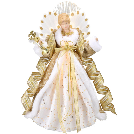 Valery Madelyn Lighted Christmas Tree Topper Angel with Timer, 16 Inch Luxury White Gold Fabric Small Angel Tree Topper with Lights for Christmas Tree Decor Indoor, Battery Operated, Valentines Gift
