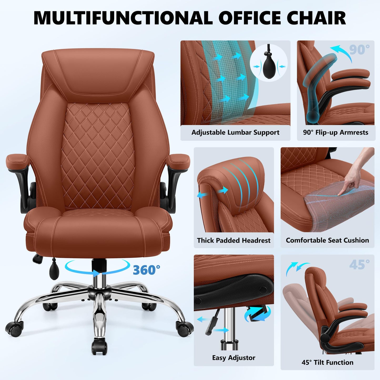 Office Chair, Big and Tall Ergonomic Desk Chair, Executive Leather Computer Chair with Adjustable Lumbar Support, Comfy Gaming Chair with Flip Up Arms, Swivel PC Chair with Rocking Function, Brown
