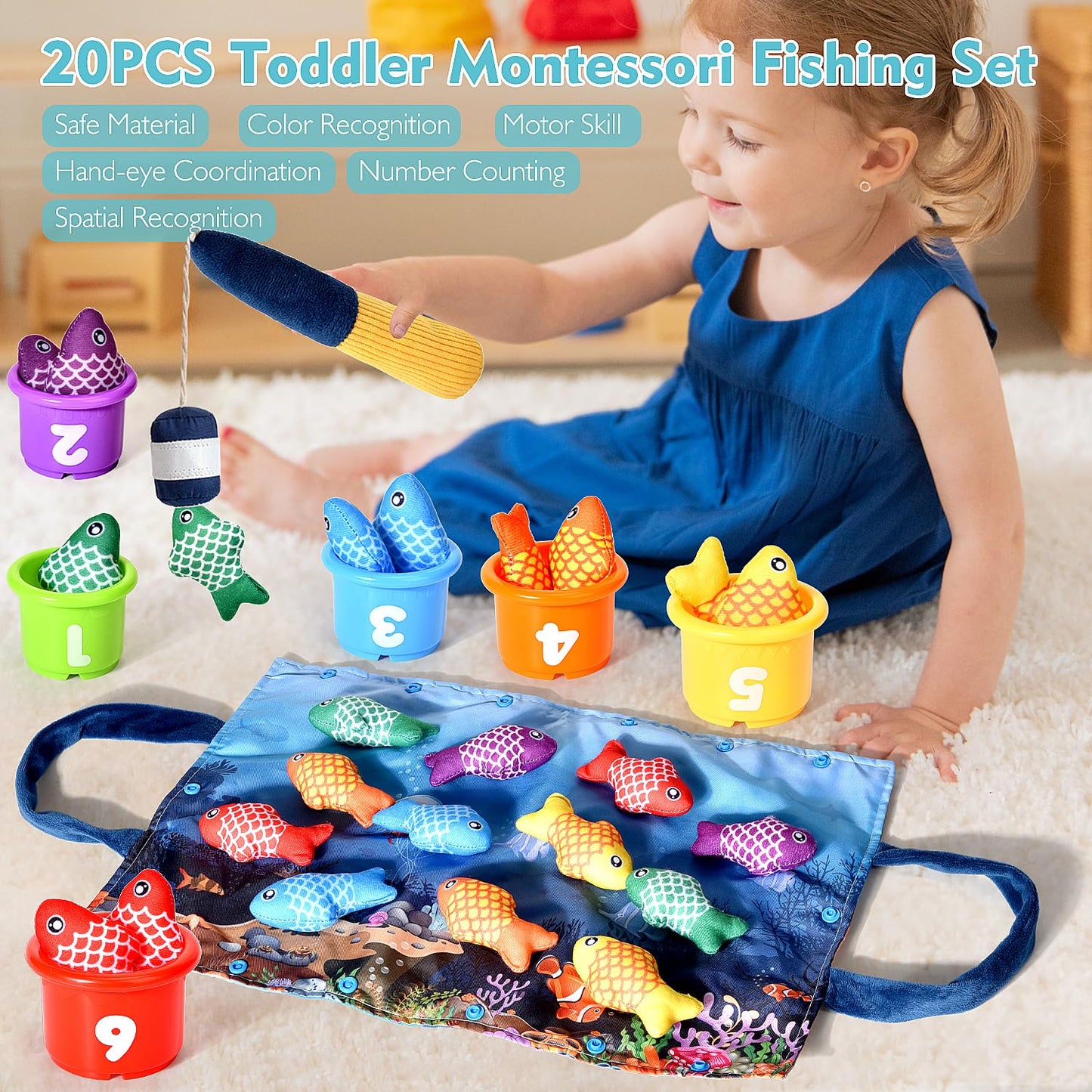 BAHIAKLO Montessori Toys for 1 Year Old Boy Girl Gifts, Cloth Fishing Game Toddler Toy 1-3, Sorting Learning Baby Toys 6-12-18 Months, One Year Old Girl Boy Birthday Gifts