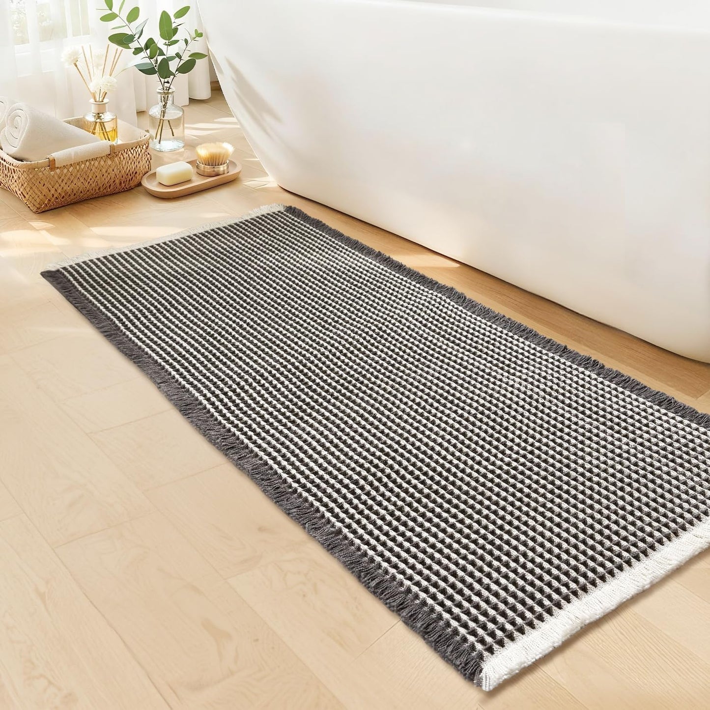Waffle Runner Bath Mat - Long Boho Bathroom Rugs Non Slip Washable, Super Absorbent & Quick Dry, Soft Bath Mat Farmhouse Bathroom Decor, 24'' x 72'', Dark Grey and White