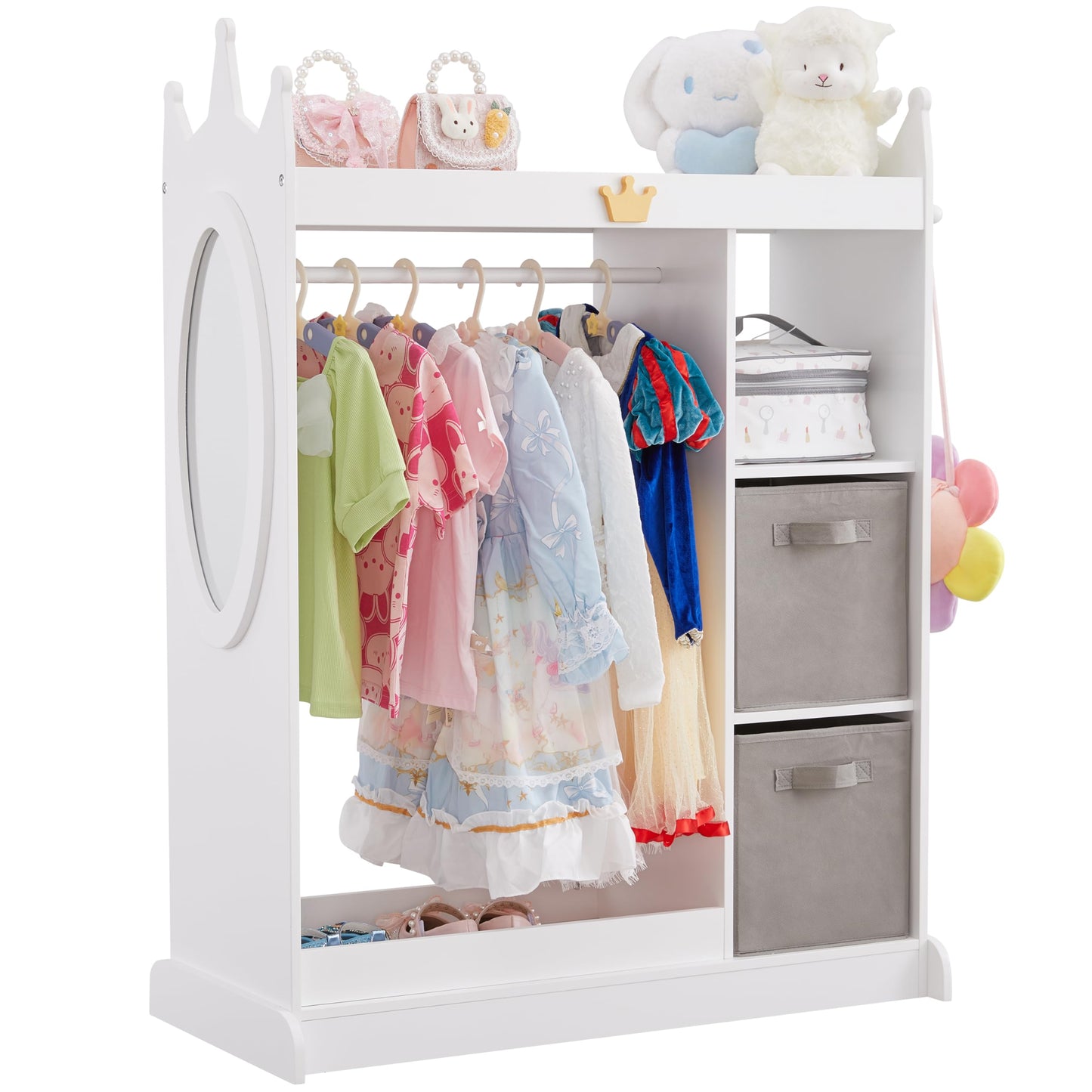 GTOLV Kids Dress Up Storage Mirror w/ 2 Bins, Cloth Hanger - Kids Play Armoire Dresser Pretend Closet for Bedroom