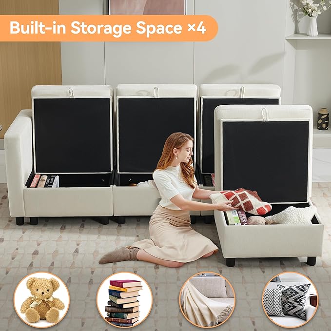 WUTUTUEE 83”L-Shaped Modular Sectional Sofa with Storage & Movable Ottoman, Convertible 4-Seat Reversible Chaise Chenille Couch for Living Room, Soft Beige Fabric, Modern Design