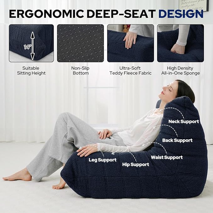 HABUTWAY Bean Bag Chairs Fireside Lazy Floor Sofa, Soft Teddy Fleece Bean Bag Sofa with High-Resilience Foam Filling，Beanbag for Living Room, Bedroom, Office (Navy Blue Teddy)