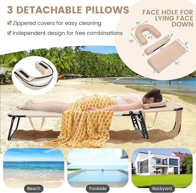 GYMAX Tanning Chair, 350lbs Beach Lounge Chair with Face Hole, Washable Pillow & Carry Strap, Adjustable Folding Chaise Lounge, Layout Lounger for Outside, Patio, Poolside, Lawn (2, Beige)