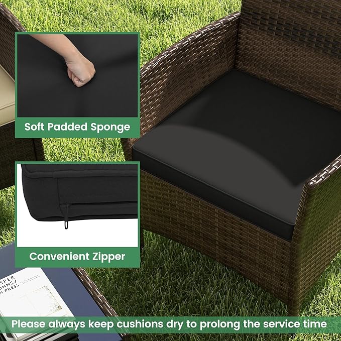 RELAX4LIFE 8-Piece Patio Furniture Set - Rattan Outdoor Conversation Bistro Set w/Cushions, Glass Coffee Table, Wicker Chairs & Loveseat for Garden Backyard Porch, Balcony Furniture Set (2, Black)