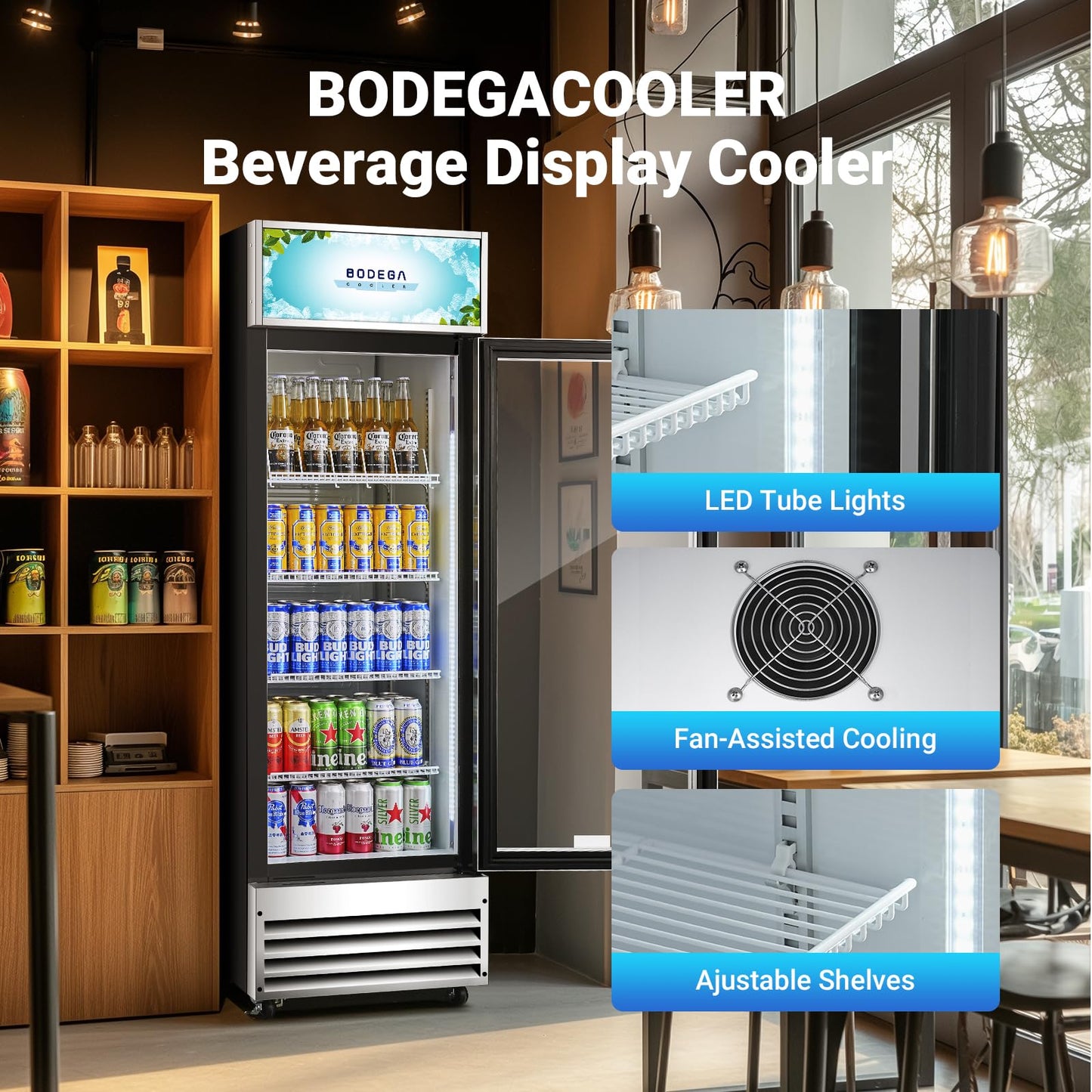 BODEGACOOLER Commercial Merchandiser Refrigerator, 9 Cu.Ft Glass Door Beverage Refrigerator, Upright Beverage Display Cooler with Soft LED Light, Adjustable Shelves, 4 Strong Castors(Stainless Steel)