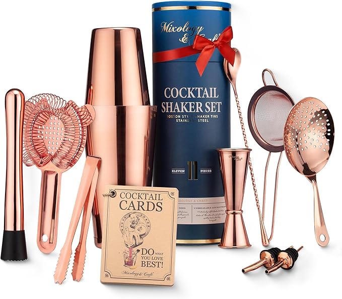 Mixology & Craft Cocktail Shaker Set: 11-Piece Weighted Boston Shaker Kit | Complete Cocktail Kit Gift Set | Top Bartender...