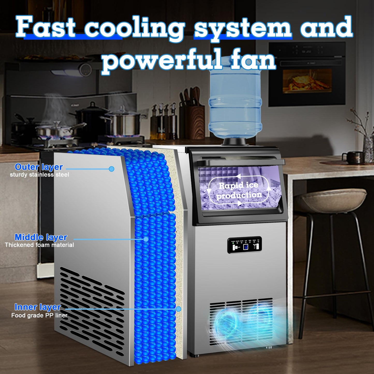 Ice Machine Commercial Ice Maker Machine 120lbs/24H with 22lbs Storage, Stainless Steel Freestanding Ice Machine 40Ice/Cycle 2 Water Inlet Modes, Self-Cleaning Function for Homes Bars Restaurants