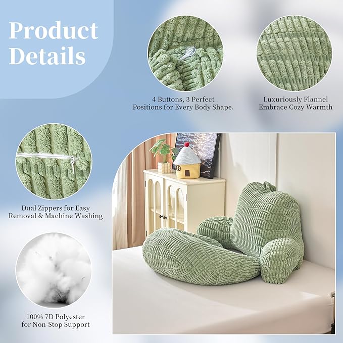PAJEO Back Pillow for Bed Sitting Up,U Shaped & Back Support Pillow for Bed,19" Backrest with Lumbar & Arm Support,Comfy Corduroy Fabric,Lap Pillow for Gaming/Reading/Watching TV,Green