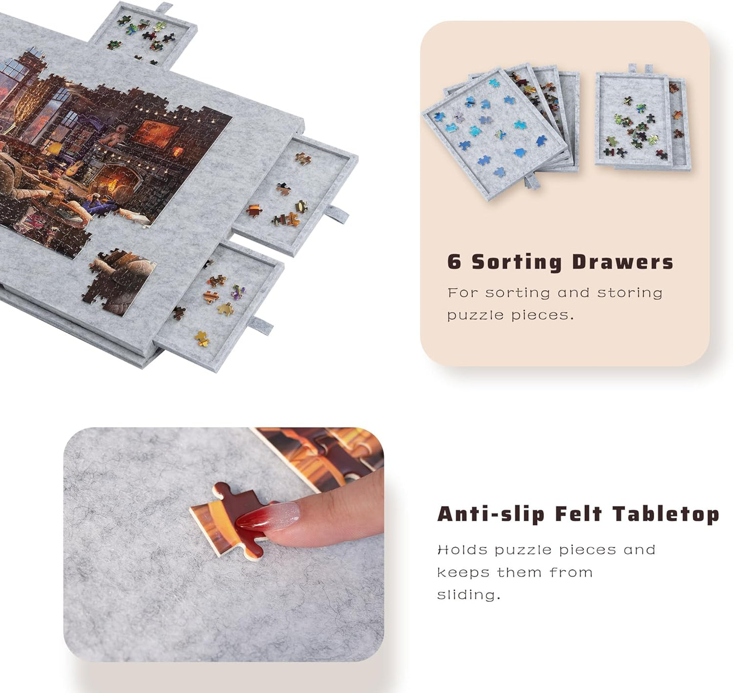 Lavievert Tilting Puzzle Board with 2-in-1 Designed Stand & Cover, Super Lightweight Felt Puzzle Plateau with 6 Drawers for Adults, Portable Jigsaw Puzzle Table for Up to 1000 Pieces – Light Gray