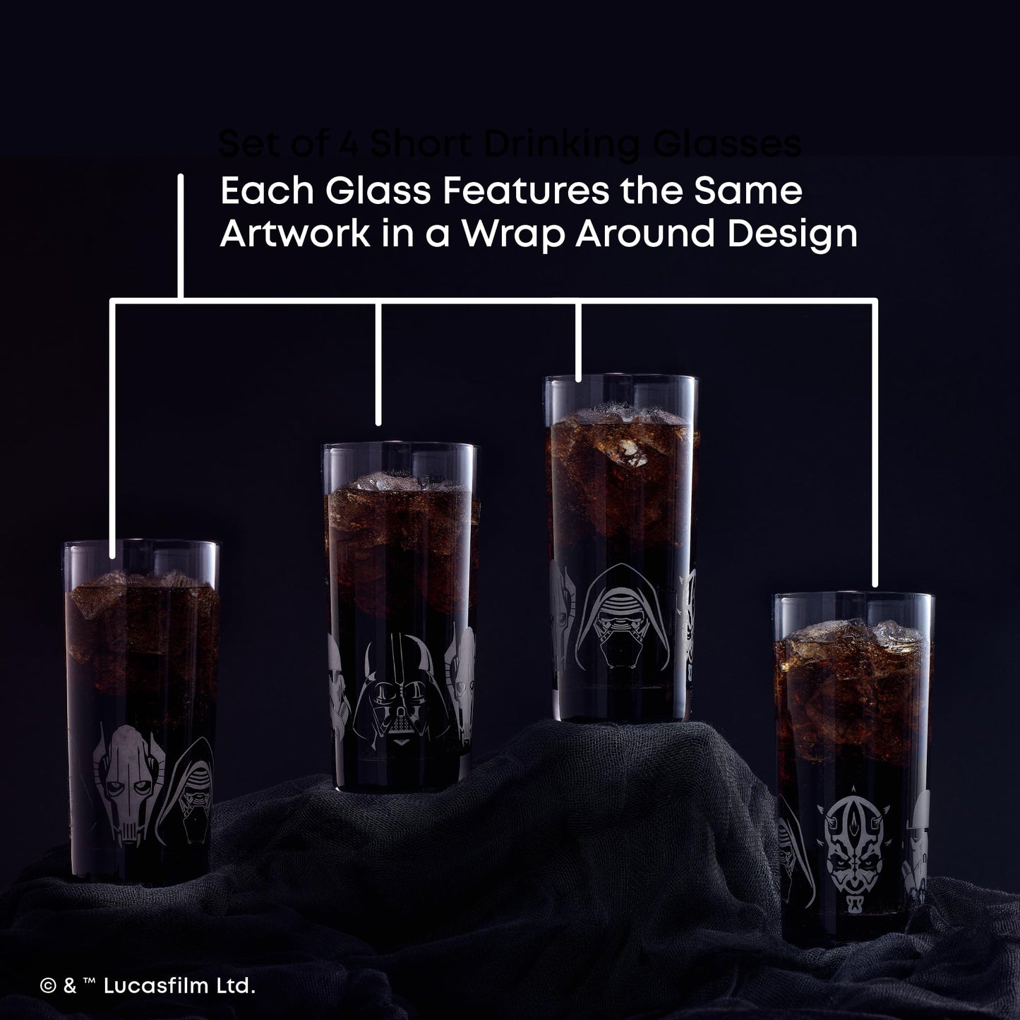 JoyJolt Star Wars Dark Side Drinking Glasses Set of 4, 15oz Highball Glasses, Tall Glass Cups ft Darth Vader Stormtrooper Darth Maul Kylo Ren and General Grievous, Star Wars Merch